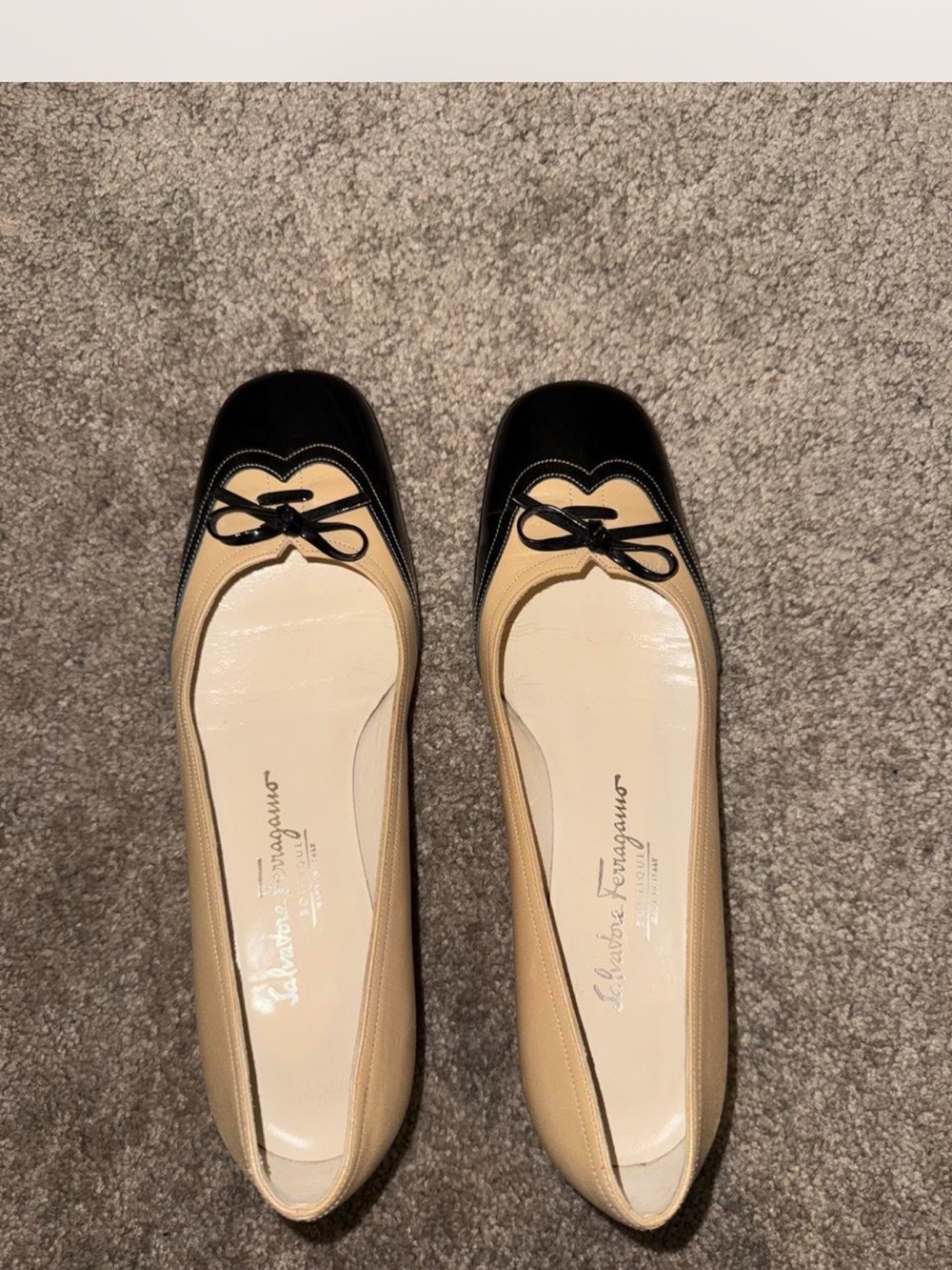 Salvatore Ferragamo Two-Tone Beige Leather Ballet Flats with Black Cap Toe Bow